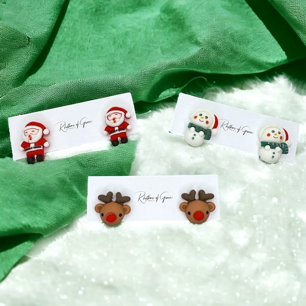 Set of 3 New Christmas Polymer Clay Clip-On Earrings - Santa, Reindeer, Snowman